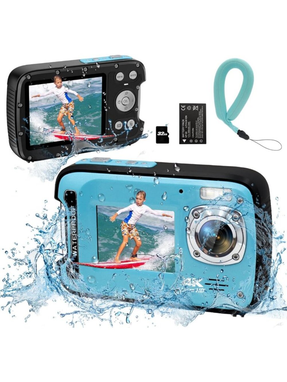 4K Waterproof Underwater Camera 48MP Dual Screen with Floating Strap & 32GB Card